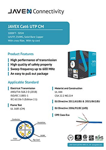 JAVEX 23AWG CAT6 UL in-Wall Rated Bare Copper 600MHz, ETL Listed, UTP Ethernet Bulk Cable, 305M, Blue - Image 7