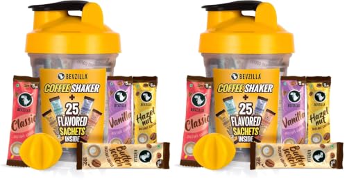 Image of Bevzilla 25 Assorted Instant Coffee Sachets & Bottle Pack | 2g Coffee Each Pouch | BPA Free Shaker 500 Ml For Office, School, Gym, College | Perfact For Espresso, Latte, Cappuccino | Enjoy Hot & Cold Brews