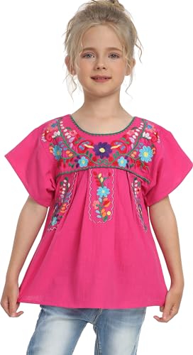 Image of YZXDORWJ Mexican Blouse for Girls Traditional Embroidered Summer Short Sleeve Peasant Blouse for Kids
