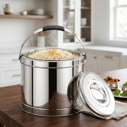 Image of Maaha Stainless Steel Picnic Pot with top Handle 5 Litre | Double Walled PU Insulated | Strong Locking Lid & Side Handles | Rust-Free, Durable & Scratch Resistant | Keeps Food Hot & Cold for Hours