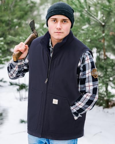 Image of HISEA Men's Washed Duck Sherpa-Lined Vest, Mens Loose Fit Winter Insulated Canvas Workwear Mock-Neck Vest