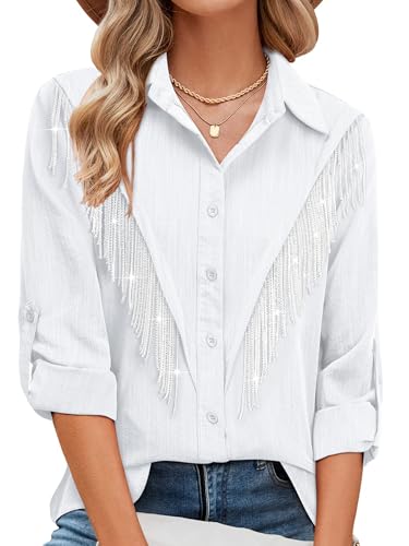 MYMORE Womens 2026 Rhinestone Fringe Shirt Blouse Western Cowgirl Sparkly