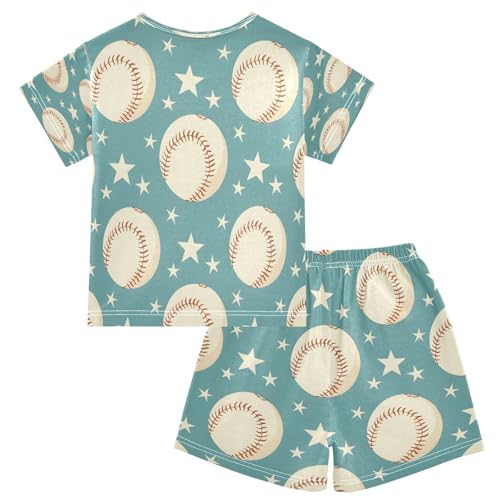 senya Short Sleeve Pajamas Sets Summer Cotton Sleepwear Turquoise Stars Baseball2