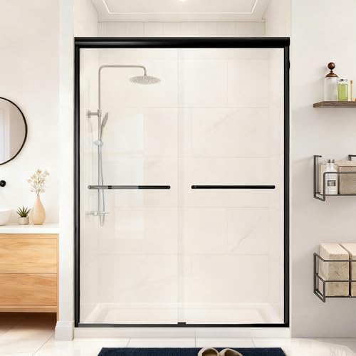 48 Shower Glass Door Double Sliding for Bathroom, Reversible Bathroom Glass Shower Door with Two Handles in Matte Black (48