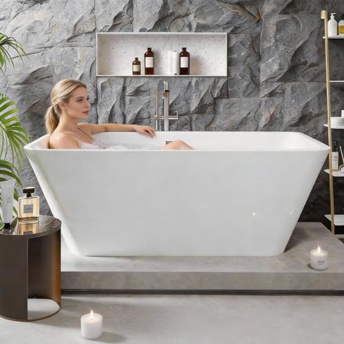 Image of GarveeHome 66'' Acrylic Freestanding Bathtub, Deep Soaking Tub with Non-Slip Base, cUPC Certified Free Standing Tub, Chrome Drain Bath Tub, Modern Tub for Bathrooms, White