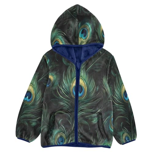 Green Peacock Feathers Toddler Fleece Jacket Girl Boys Hooded Fleece Jacket Coat Warm Outwear Zip-up 3-10T