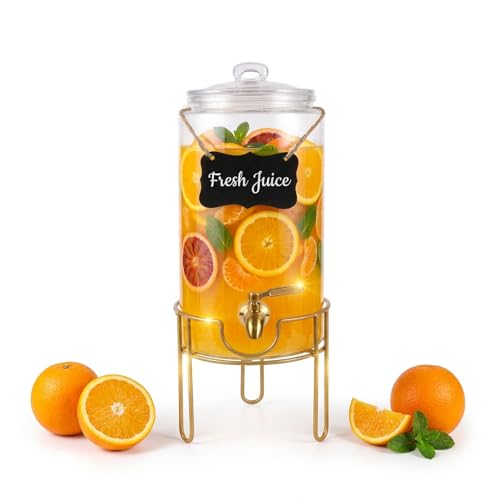 Drink Dispensers for Parties 1 Gallon, Bevarage Dispenser with Stand,Glass Drink Dispenser With Stainless Steel Spigot + Marker & Chalkboard, Ideal for Lemonade,Juice, Tea, and Party Drinks