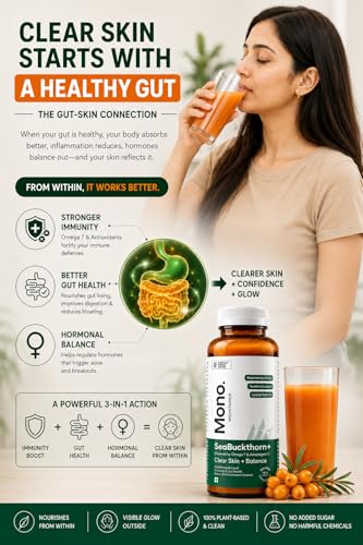 Image of Mono Sea Buckthorn Juice | India's 1st for Acne Clear Skin & Glow | 3rd Party Lab Tested | Helps Immunity & Gut Health | Omega-3 6 7 9, Niacinamide( Vit B3) , Zinc & Curcumin 95% | 300ml | No Added Sugar