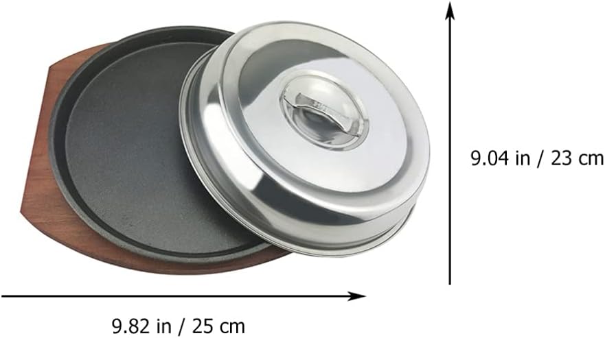 Skillet with Cast Iron Round - Small Cast Iron Skillet Sizzling Plate Fajita Plate Sizzling Pan for Easy Serving Cleaning, BBQ Included Wood Base