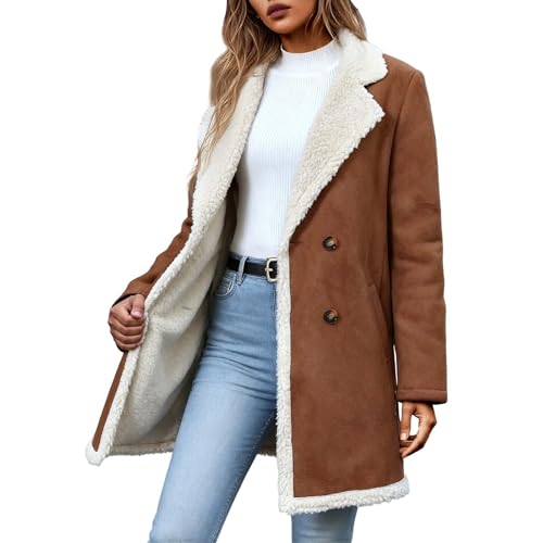 Winterjacke Damen Gefüttert Lederjacke mit Fell Innenfutter Fellkragen Wildlederjacke Winter Vintage Lammfelljacken Shearling Fleece Jacke Fellimitat Mantel Woman Leather...