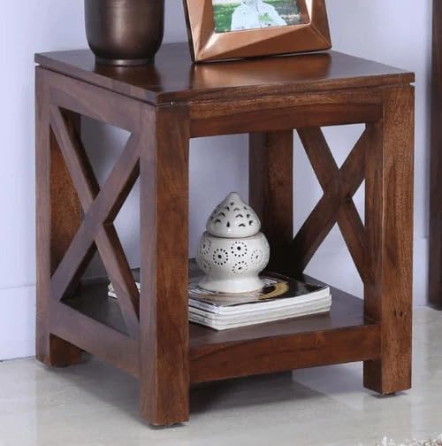 Brown Wooden Bedside Table for Living Room X Shape Solid Wood End Table with Storage Shelf Stylish Modern Side Table for Bedroom & Home Décor-image-0
