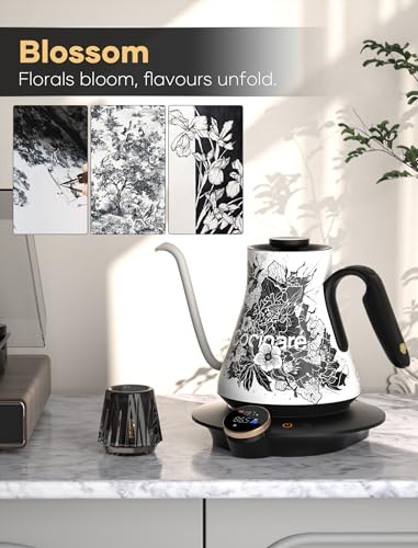 Image of Cocinare Artisan Collection Gooseneck Electric Kettle, ±0.5F Temperature Control for Pour Over Coffee & Tea, 1500W Fast Heating, Stainless Steel Interior, 0.9L, Blossom Design