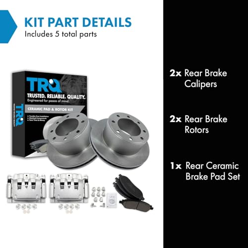 Image of TRQ Rear Brake Pad, Caliper, & Rotor Kit Ceramic Vented Compatible with 2006-2007 Ford F-250 Super Duty F-350 Super Duty