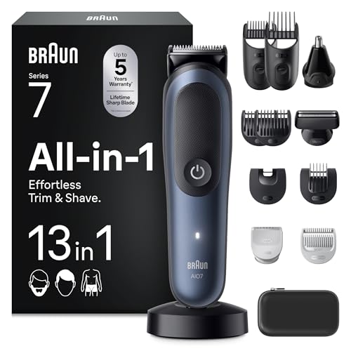 Image of Braun Series 7 AIO7565 Men's All-in-One Electric Trimmer Blue 13-in-1 Kit with ProBlade and 7 Clogs, Shaving Set with Accessories, Designed for Shaving Beard, Hair and Body