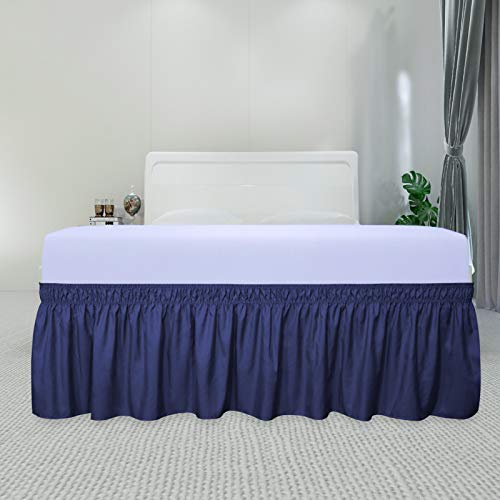 PureFit Wrap Around Ruffled Bed Skirt with Adjustable Elastic Belt - 14 Inch Drop Easy to Put On, Wrinkle Free Bedskirt Dust Ruffles, Bed Frame Cover for Twin,Twin XL and Full Size Beds, Navy