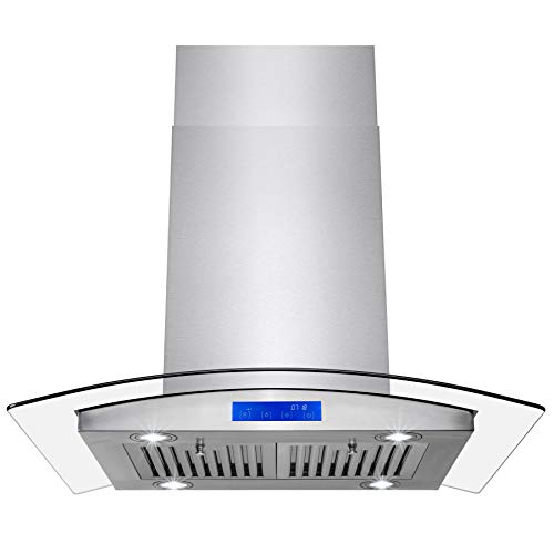 AKDY Stainless Steel Island Mount Kitchen Cooking Range Hood with Tempered Glass, LED