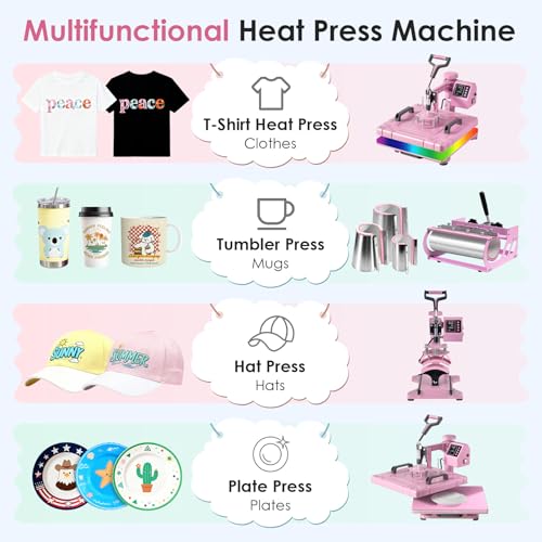 Seeutek 8 in 1 Heat Press Machine 15x15 Inch, Swing Away Digital Sublimation Heat Transfer Press with 20oz & 30oz Tumbler Attachments for T-Shirts, Mugs, Hats & Plates, Pink by Seeutek - Image 2