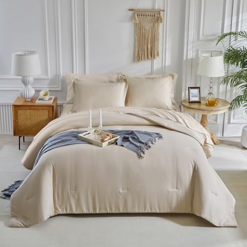 Image of Kids Comforter Sheet Set - Soft and Breathable Bed Set Includes Quilted Comforter, Fitted Sheet, Flat Top Sheet, Pillowcase and Pollowshams For Boys Girls - 6 Pieces Bed in a Bag Twin Szie Beige