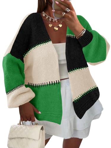 Image of Yousify Womens Cardigan Sweater Color Block Open Front Long Puff Sleeve Casual Chunky Knit Cardigans 2025 Fall Outerwear Green