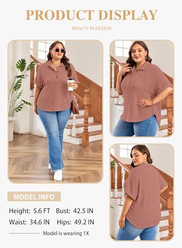 Eytino Women Plus Size Waffle Knit Tops Henley Shirts Short Sleeve V Neck Solid Color Casual Blouse Tunic(1X-5X)3
