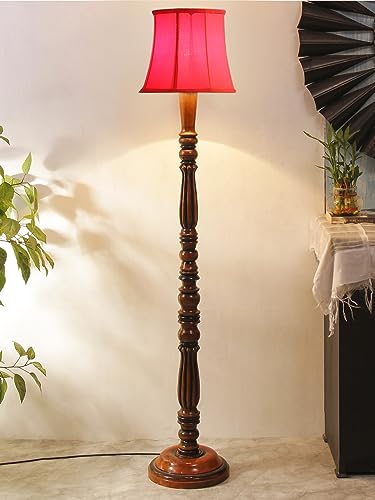 Image of Cylindrical Drum Floor Lamp with Wooden Base - Height 57 Inches, Red | Modern Standing Lamp for Home, Living Room, Bedroom & Office | Elegant Lighting Decor | Cotton