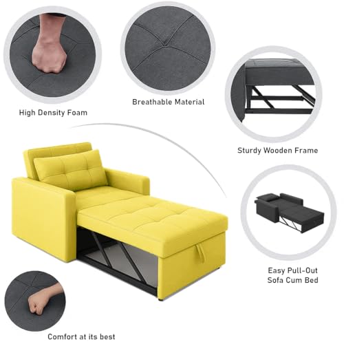 Image of CASASTYLE Trissa 1 Seater Pull-Out Premium Fabric Sofa Cum Bed Sofa Set for Living Room (Yellow Fabric)