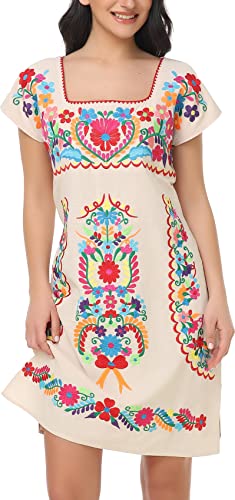 Image of YZXDORWJ Women Mexican Embroidered Dress Ruffle Collar Sleeveless