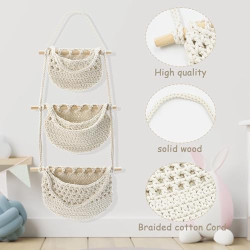 AolKee 3 Tier Hanging Organiser Wall Hanging Bag, Rope Woven Wall Hanging Storage Basket, Hanging Fruit Basket - Image 4