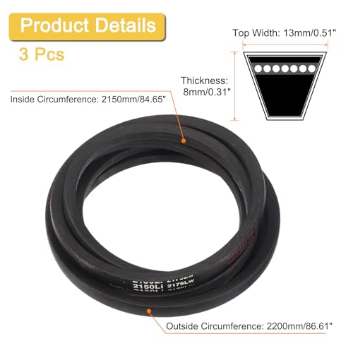 Image of Uxcell 3 Pack A84 1 /2 Classic Wrapped V-Belt, 87 inch Outside Circumference, Black, Industrial Rubber V-Belt, Timing Belt, Compatible with Industrial Machinery, Equipment