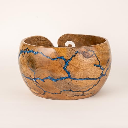 Image of Cute Wooden Yarn Bowl for Crocheting, 7x4inch Large Mango wood Crochet Holder Gift Accessories and Knitting Gadgets Supplies Handcrafted with Fractal Wood Burning & Blue Resin Inlay (M-Blue)