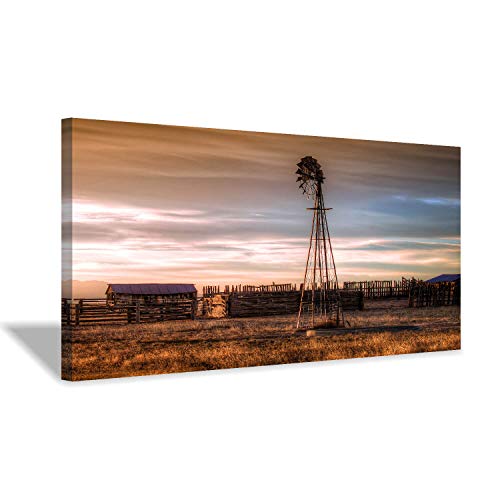 Hardy Gallery Windmill Artwork Rustic Landscape Picture: Farmhouse Painting Wall Art Print on Canvas for Bedroom (40 inch x 20 inch x 1 Panel)