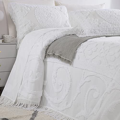 Hombys Oversized King Chenille Bedspread 120X120 With Maching Shams, 100% Cotton Tufted Bedding Coverlet 3 Pieces Set With Tassels, Machine Washable #TOP4