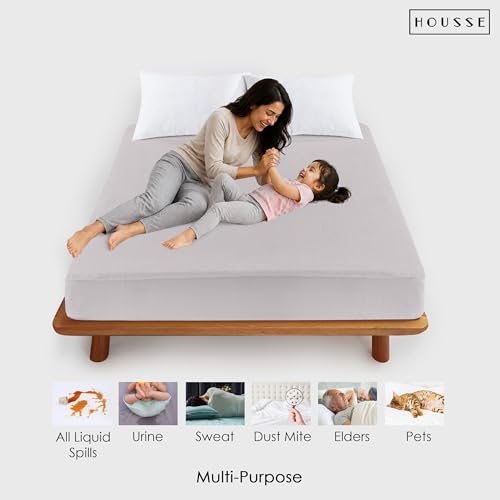 Image of HOUSSE King Size Waterproof Mattress Protector 78 * 84 inch Inches | Premium Bed Mattress Protector Cover | 100% Waterproof | Soft Breathable Fabric | Stretchable Fitted Style | Fits Up to 8 Inch | Grey