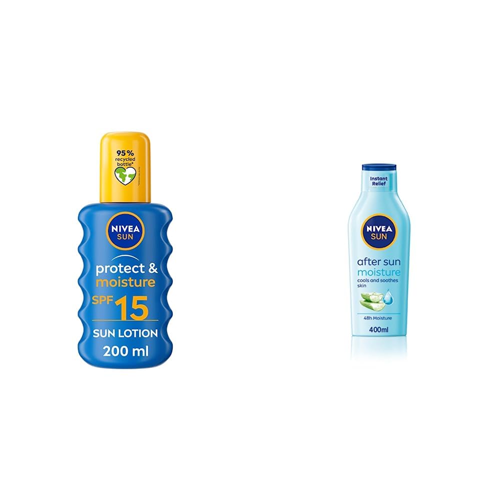 NIVEASUN Protect & Moisture Sun Spray SPF15 (200ml), Moisturising Suncream Spray SPF15 + UVB Protection & SUN After Sun Moisturising Soothing Lotion (400 ml), Cooling Moisturiser with Aloe Vera