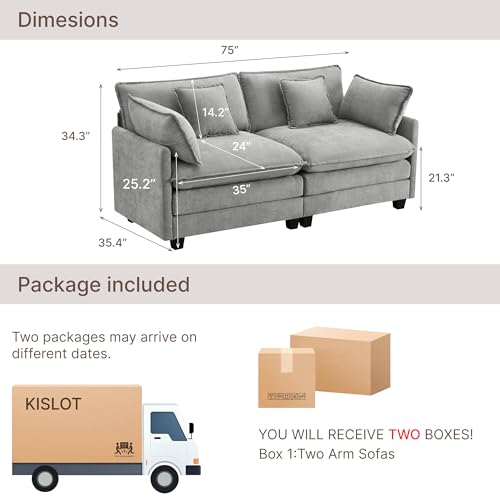 Image of KISLOT 74.4 inch Loveseat Oversized Modular Sectional Sofa with 4 Pillows, Gray | Cloud Couch, Dual Cushions, Deep Seats,Living Room