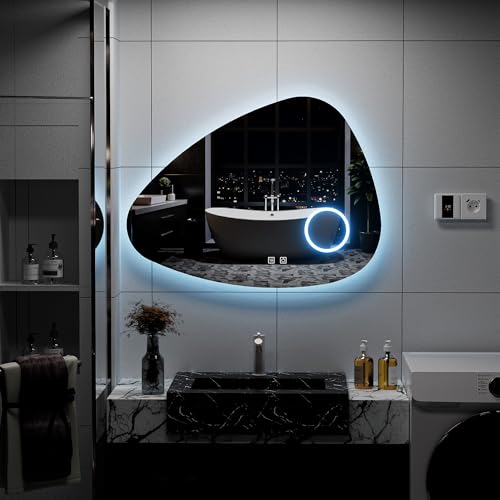 Ztexkee Espejo de baño con luz y antivaho, 80 x 60 cm, forma irregular, LED Espejos de pared para baño con 10 x Magnifier ajustable en 3 colores