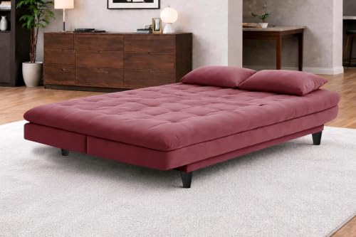 Image of Rosebell Modern Wooden 3-Seater Sofa Cum Bed Foldable Velevt Fabric Sofa for Living Room, Guest Room & Office-Rose Pink-Color