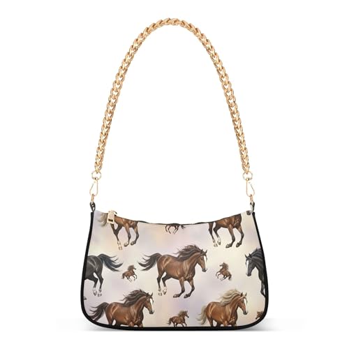 Watercolor Brown Horses Black Colorful Shoulder Bag for Women Small Hobo Purse Cartoon Clutch Handbag Zipper Closure