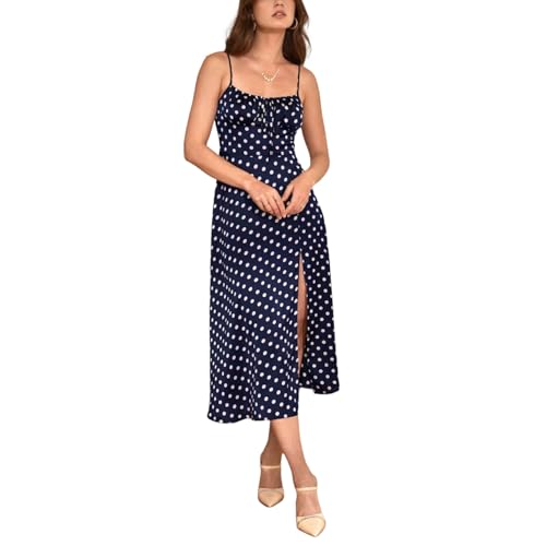 LIGHT DOT Women's Summer Midi Cami Dress Polka Dot Print Sundress Spaghetti Strap Side Zipper Front Split