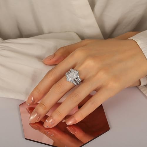 Image of Jeulia Gorgeous Twist Design Wedding Ring Set for Women; 925 Sterling Silver Oval CZ Crystal Inset Puzzle Bridal Ring Set 2PCS Stackable Ring Band Romantic Anniversary Jewelry Gift with Box