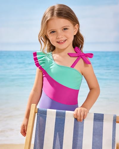 Image of Redair Toddler Girl One Piece Swimsuit Color Block with Ruffled Sleeve Straps Swimwear Bathing Suit for Baby Girl 12M-6Years