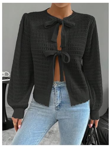 Image of GORGLITTER Women's Long Sleeve Tie Front Cardigan Fall Sweaters Lightweight Crochet Knit Tops Black X-Large