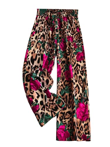 GORGLITTER Women's Cheetah Floral Print Wide Leg Pants Elastic High Waist Flowy Trousers Pants