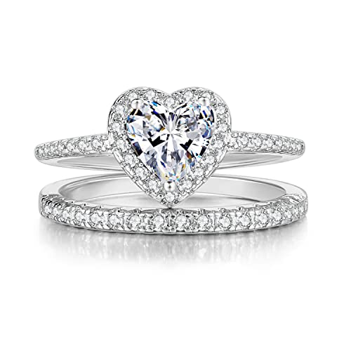 Wedding Ring for Women Two-in-One Love Heart Cubic Zirconia Ring Set 18K White/Rose Gold Plated Engagement Band Set Bridal Promise Wedding Stackable Band Size 5-10