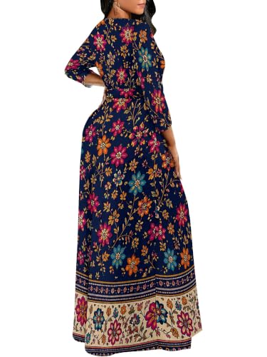 Image of Women Plus Size Long Sleeve V Neck Maxi Dress with Belt | Soft fabric relaxed fit three quarter sleeve v neck with pockets for party and daily wear
