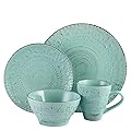 Elama Malibu Waves Embossed Stoneware Ocean Dinnerware Dish Set, 16 Piece, Turquoise