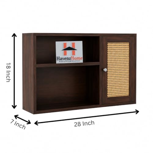 Image of Solid Sheesham Wood Wall Mounted Cabinet with Rattan Door, 71x46x18 cm | Sheesham Wall Mount Shelf, Book Storage Rack for Living Room | Bedroom | (Dark Walnut Can)