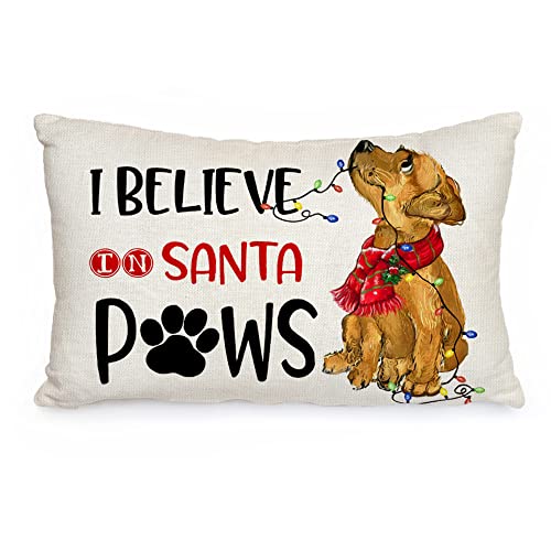 AACORS Christmas Throw Lumbar Pillow Cover 12X20 I Believe in Santa Paws Dog Decorations Farmhouse Decorative White Cushion Case Home Decor Winter for Sofa Couch