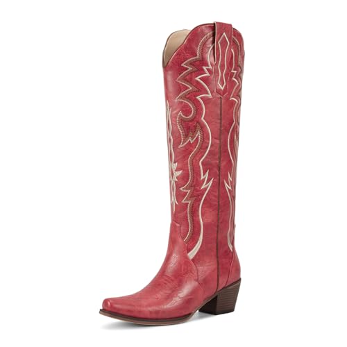 wetkiss Black Cowboy Boots for Women Knee High Cowgirl Tall Boots with Classic Retro Embroidered Chunky Heel Slip On Pointed Toe Womens Western Boots for Girls Ladies