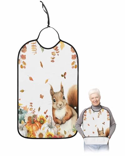 LEOKOTI Fall Squirrel Adult Bibs for Eating, Waterproof Bibs with Food Catcher & Adjustable Snap Closure, Pumpkins Maple Leaf Floral Thanksgiving Washable Clothing Protectors Adult Bibs for Elderly